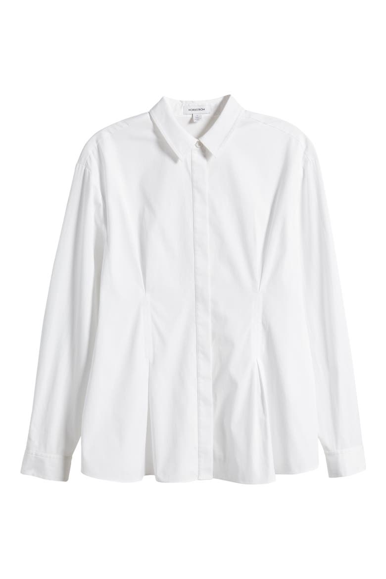 Pleat Detail Cotton Poplin Button-Up Shirt, Alternate, color, WHITE
