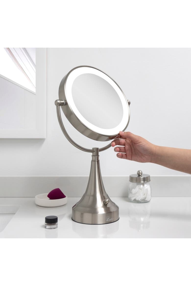 Lighted Makeup Mirror with 10X/1X Magnification, Battery & Cordless, Alternate, color, Satin Nickel