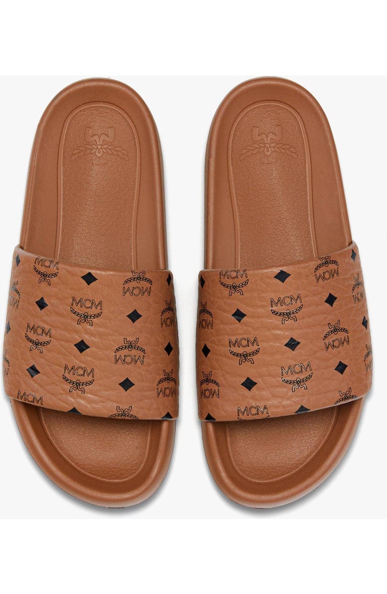 MCM Women's Monogram Print Rubber Slides, Alternate, color, Cognac