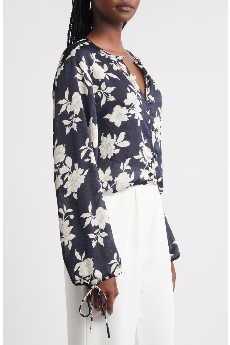 Floral Tie Sleeve Button-Up Shirt, Alternate, color, BLACK