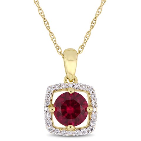 Gemstone & Diamond Square Halo Necklace 10K