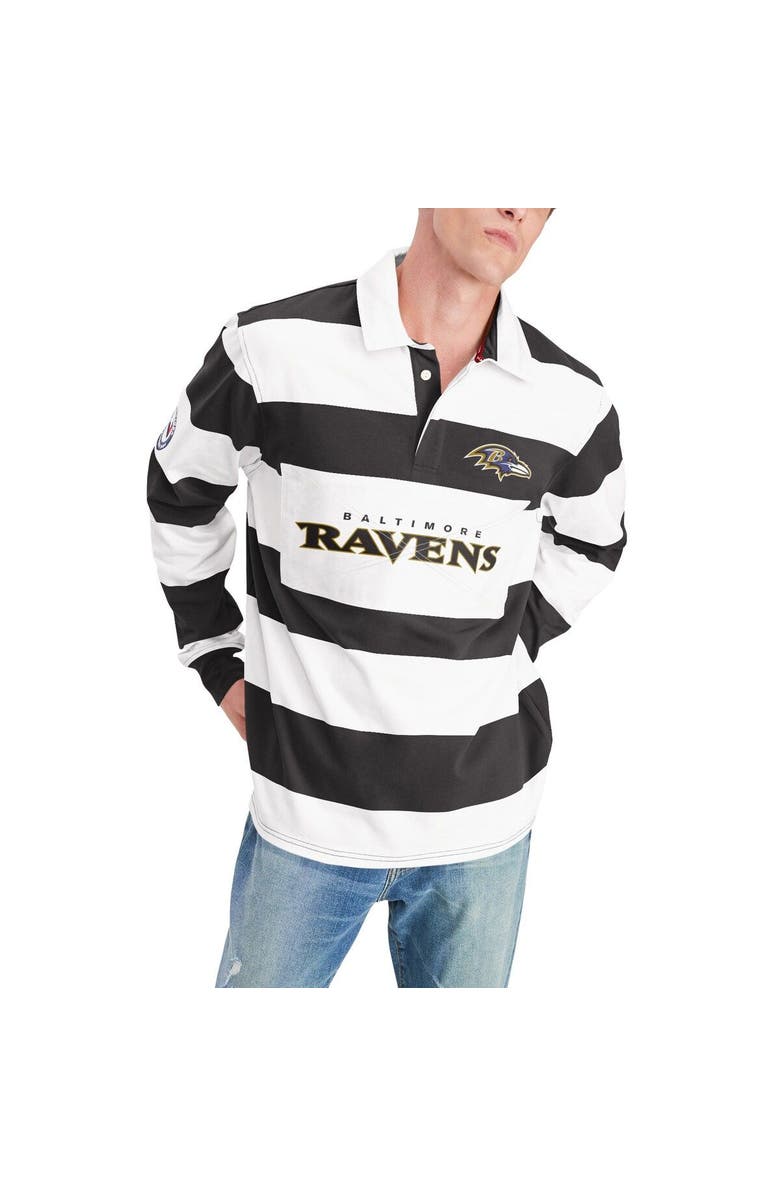 Tommy Hilfiger Men's Tommy Hilfiger Black/White Baltimore Ravens Varsity Stripe Rugby Long Sleeve Polo, Alternate, color, 