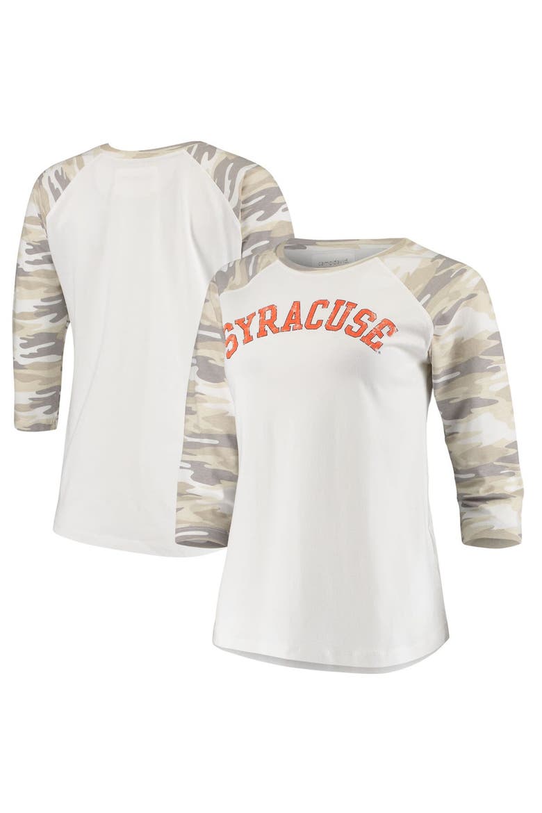Women's White/Camo Syracuse Orange Boyfriend Baseball Raglan 3/4 Sleeve T-Shirt, Main, color, White
