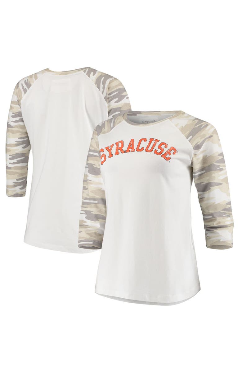 CAMP DAVID Women's White/Camo Syracuse Orange Boyfriend Baseball Raglan 3/4 Sleeve T-Shirt, Main, color, 