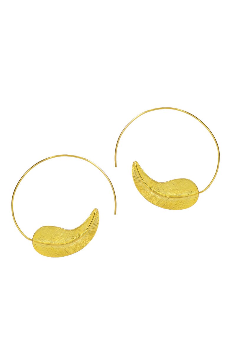 Gold Feather Pull Through Hoop Earrings, Main, color, Brass