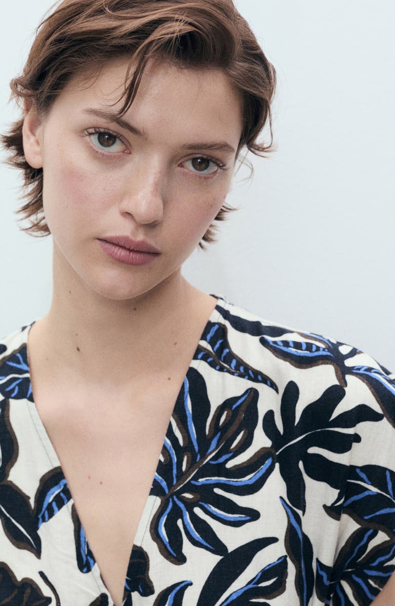 MANGO Print Wide Leg Linen Blend Jumpsuit, Alternate, color, Blue