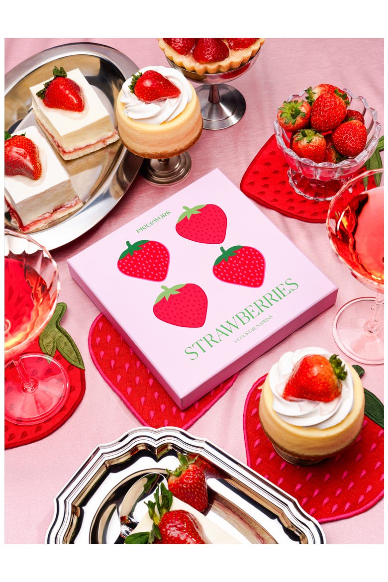 Strawberry Set of 4 Linen Cocktail Napkins, Alternate, color, PINK