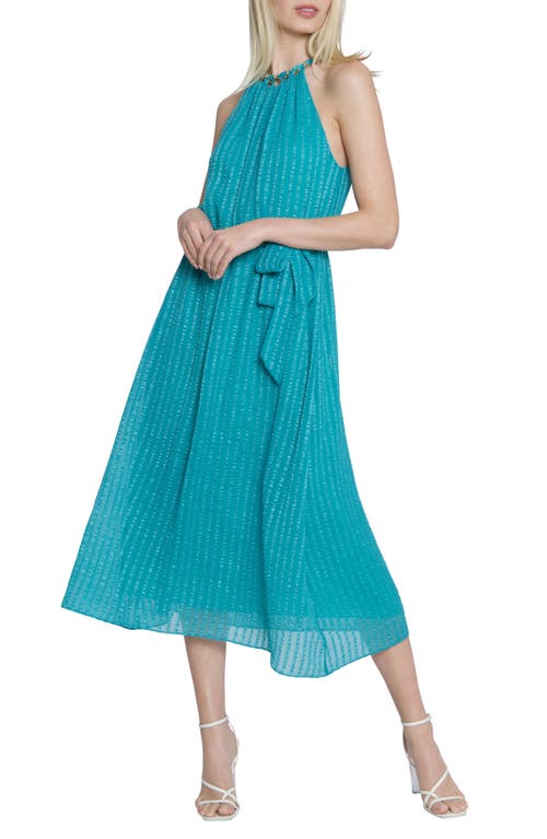 Maggy London Chain Trim Metallic Stripe Sleeveless Midi Dress