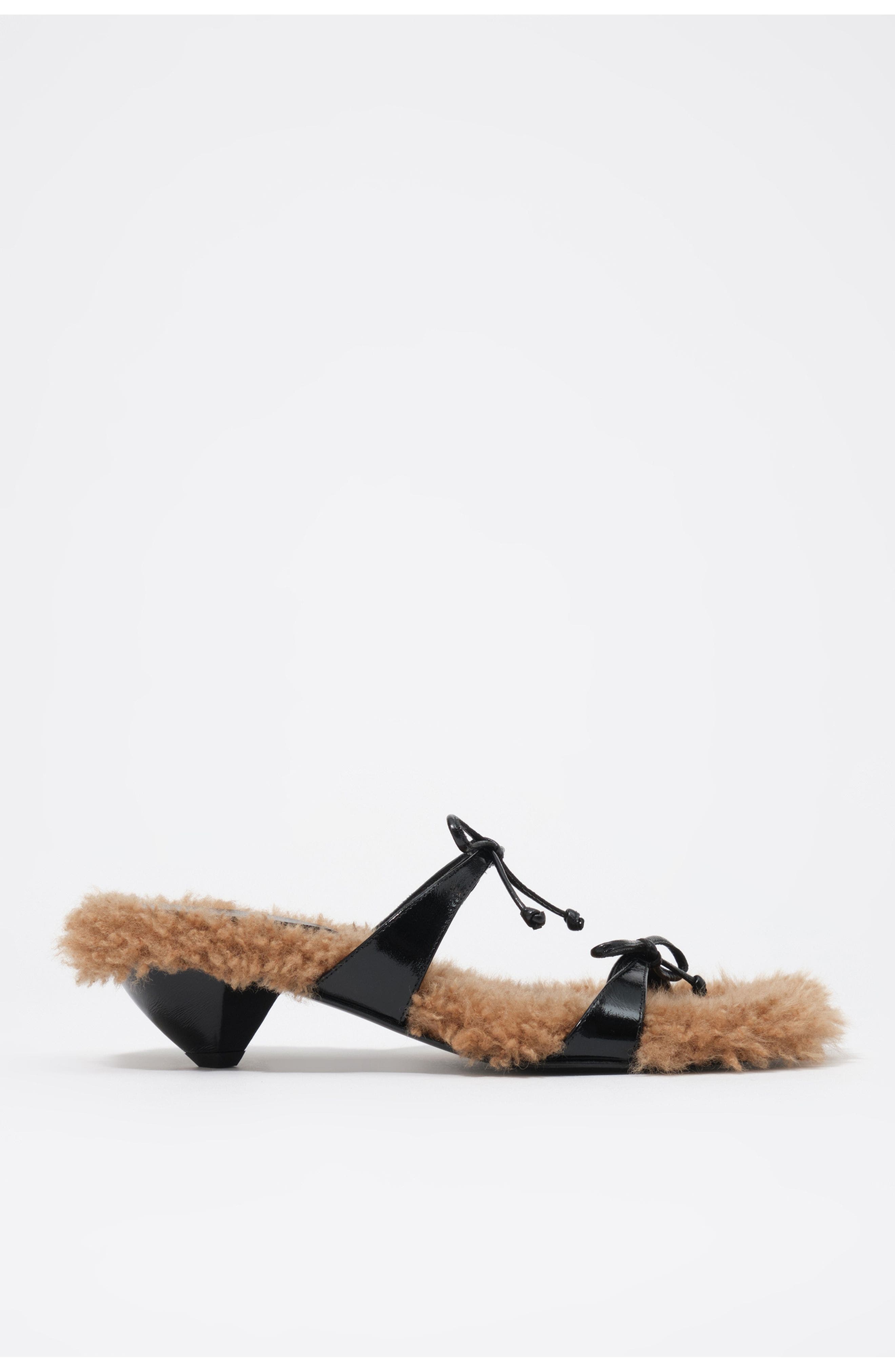Leather Fur Heeled Sandal with Bows, Main, color, BLACK