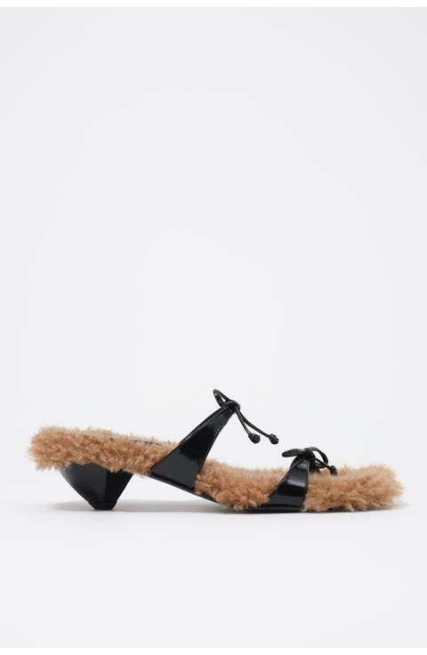 Leather Fur Heeled Sandal with Bows