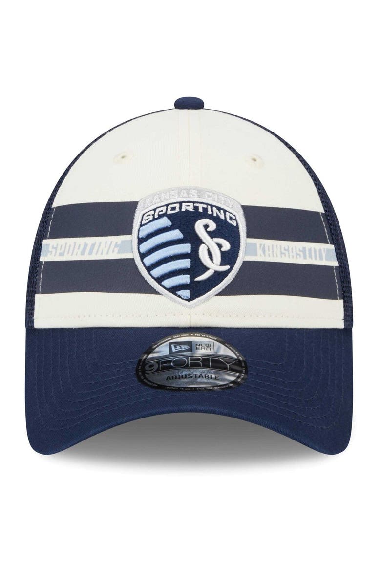 Men's New Era White/Navy Sporting Kansas City Team Stripes 9FORTY Trucker Snapback Hat, Alternate, color, White
