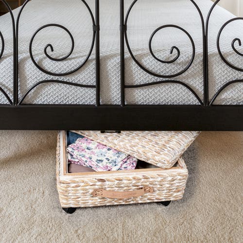 Happimess Chett Minimalist Hand-woven Hyacinth/wood Underbed Storage Bin With Wheels And Handles In White Wash