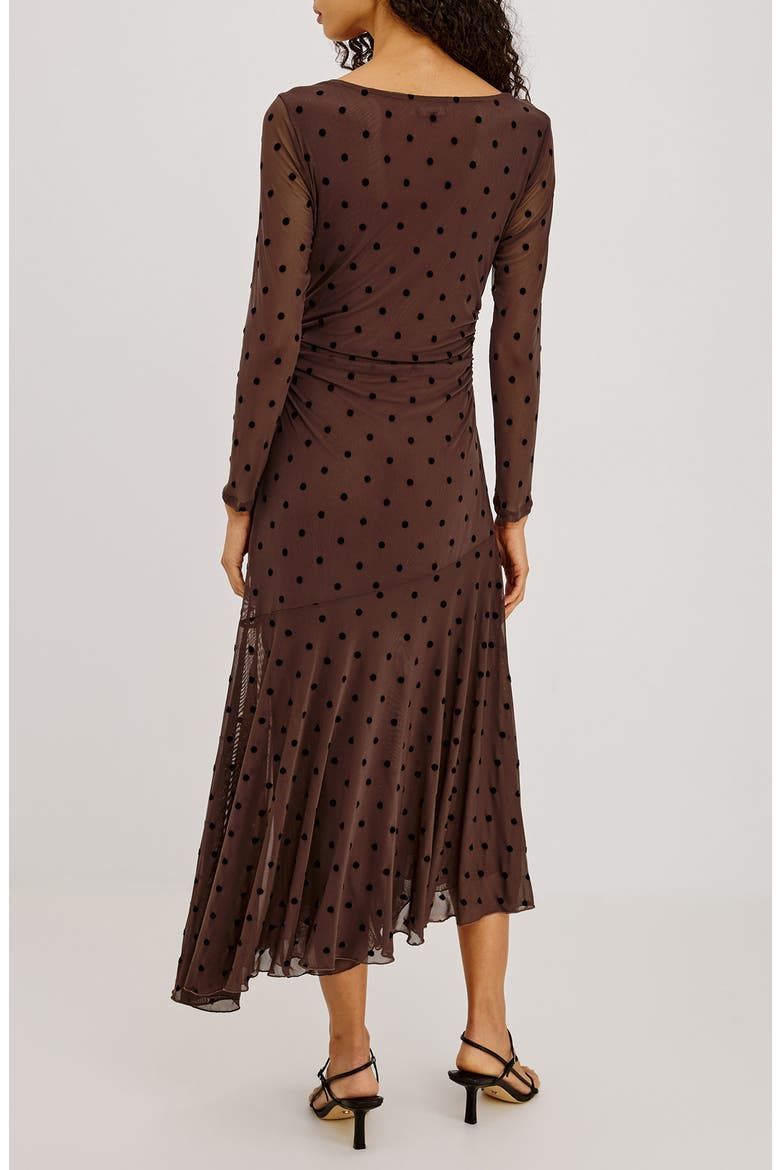 Cambria Polka Dot Mesh Midi Dress, Alternate, color, CHOCOLATE POLKA DOT