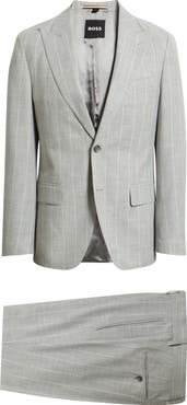 BOSS Huge Slim Fit Light Grey Stripe Peak Lapel Cotton & Wool Suit