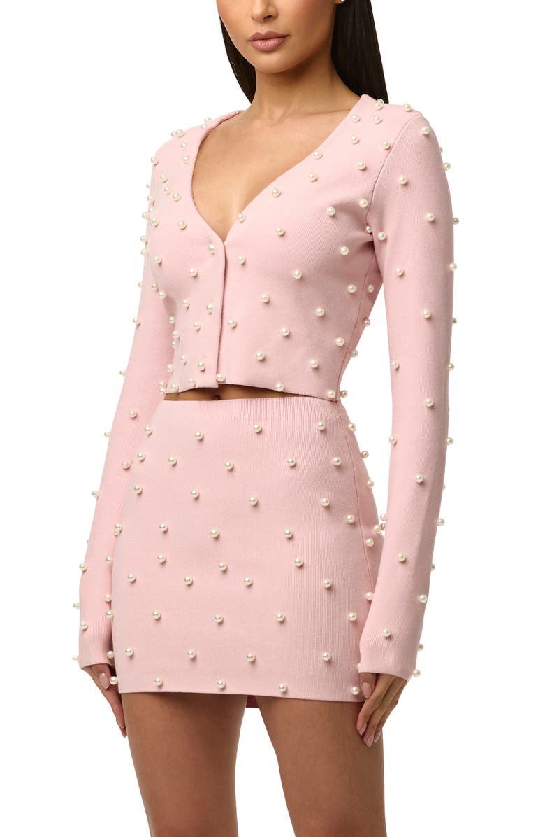 Naked Wardrobe Crop Faux Pearl Cardigan, Alternate, color, Cotton Candy
