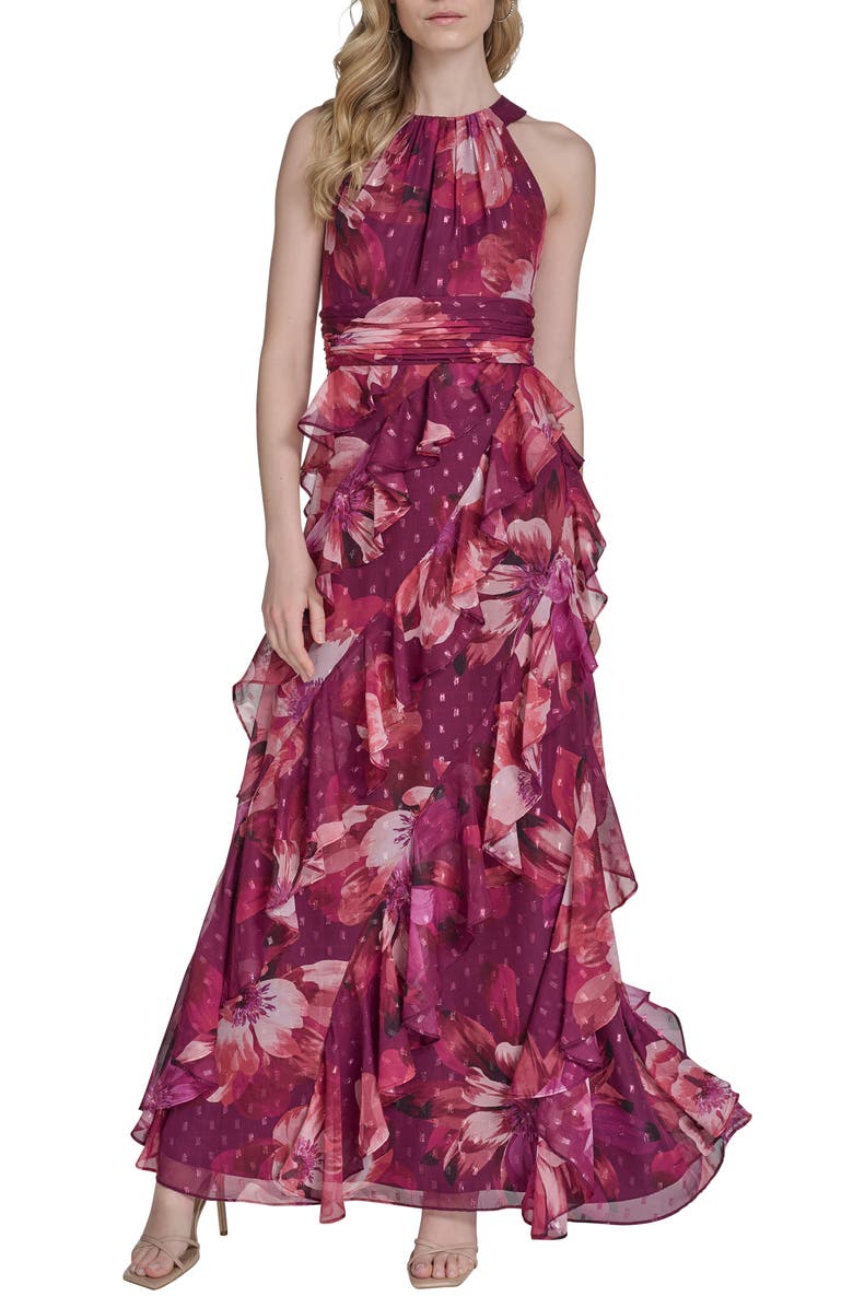 Eliza J Ruffle Metallic Clip Dot Sleeveless Maxi Dress, Main, color, Burgundy