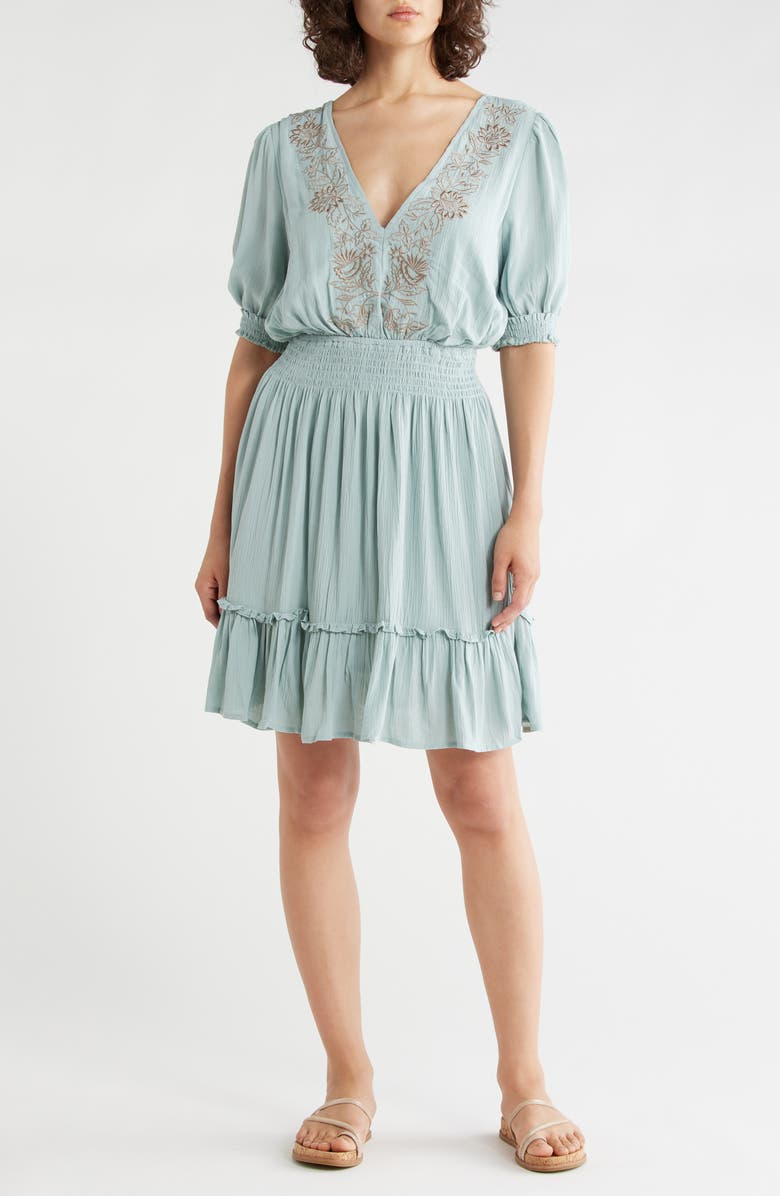 Lovestitch Bishop Sleeve Minidress, Main, color, Seafoam/ Taupe