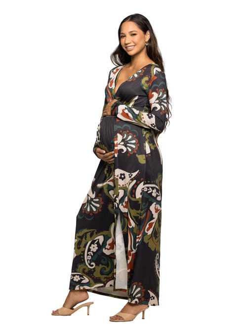 24seven Comfort Apparel Paisley Print Long Sleeve Wrap Maxi Dress In Black