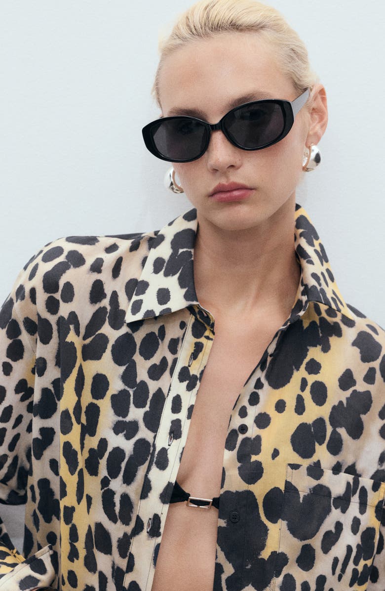 MANGO Animal Spot Cotton Button-Up Shirt, Alternate, color, Black