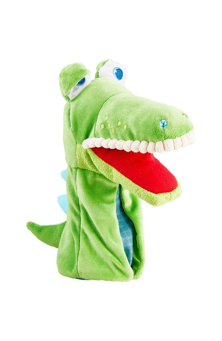 HABA Hand Puppet - Eat it Up Croco Interactive Puppet Show Toy with Belly Bag for Storytelling, Speech Therapy Toys and Pretend Play for 18 mo+, Alternate, color, Green Multi