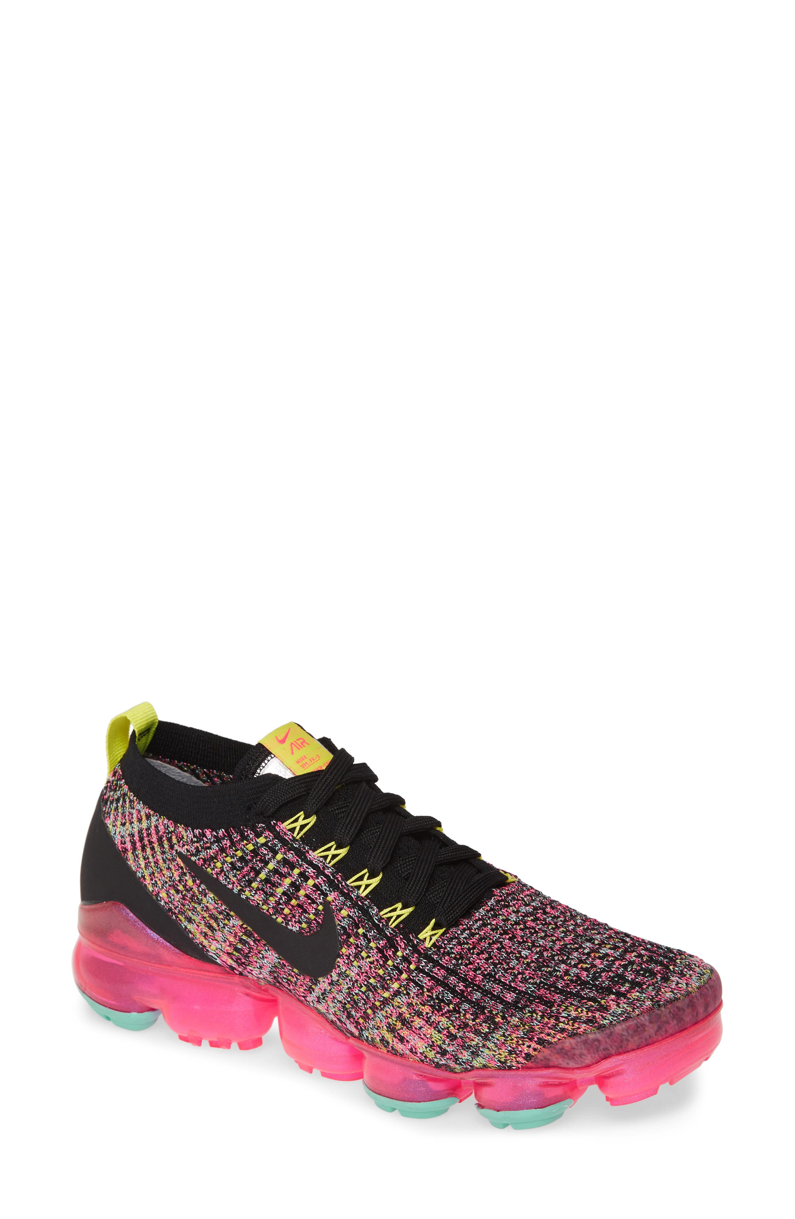 Air VaporMax Flyknit 3 Sneaker, Main, color, BLACK/ BLACK/ PINK/ TURQUOISE
