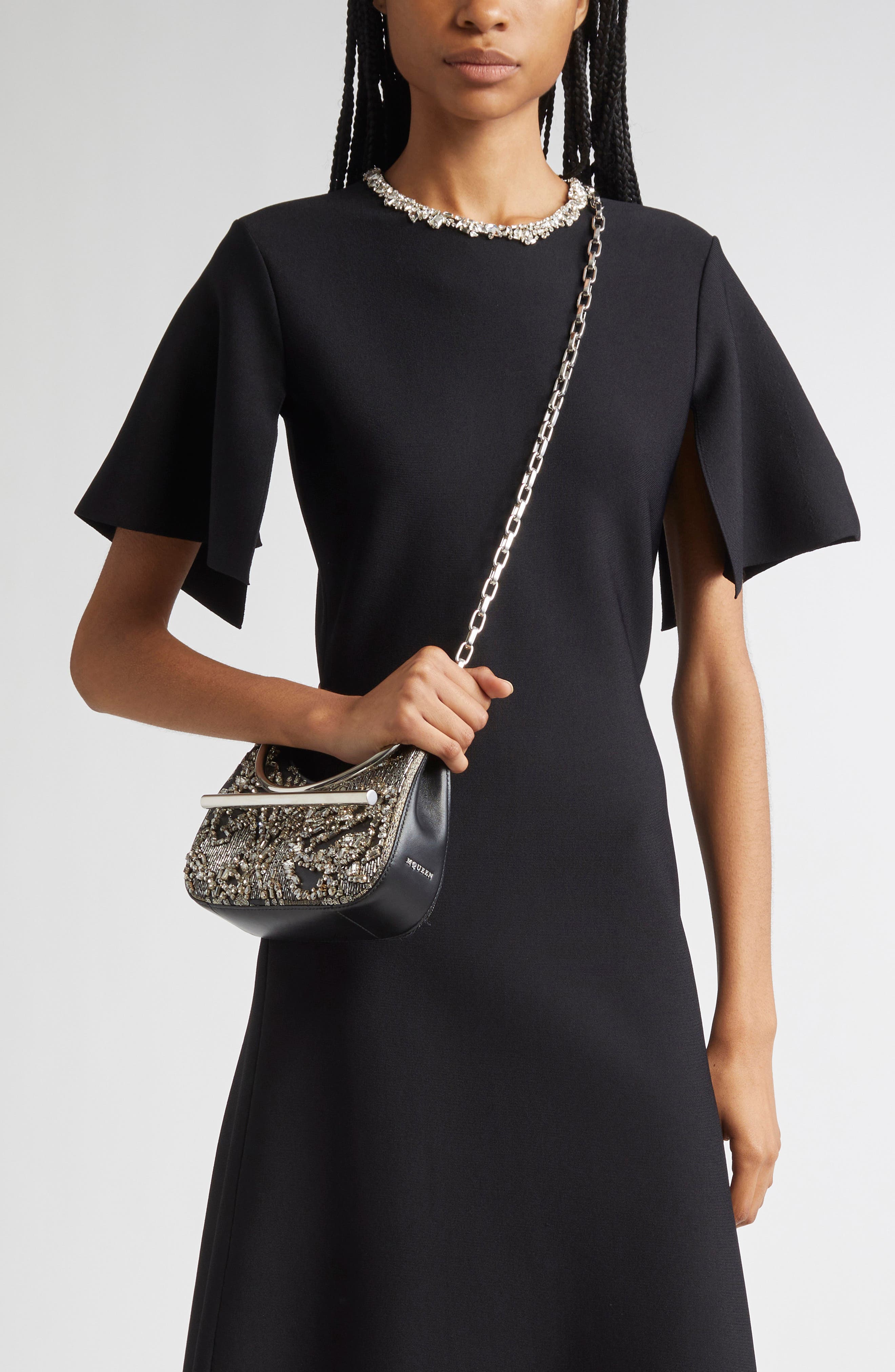 McQueen Mini T-Bar Crystal & Bead Embellished Leather Evening Bag, Alternate, color, 