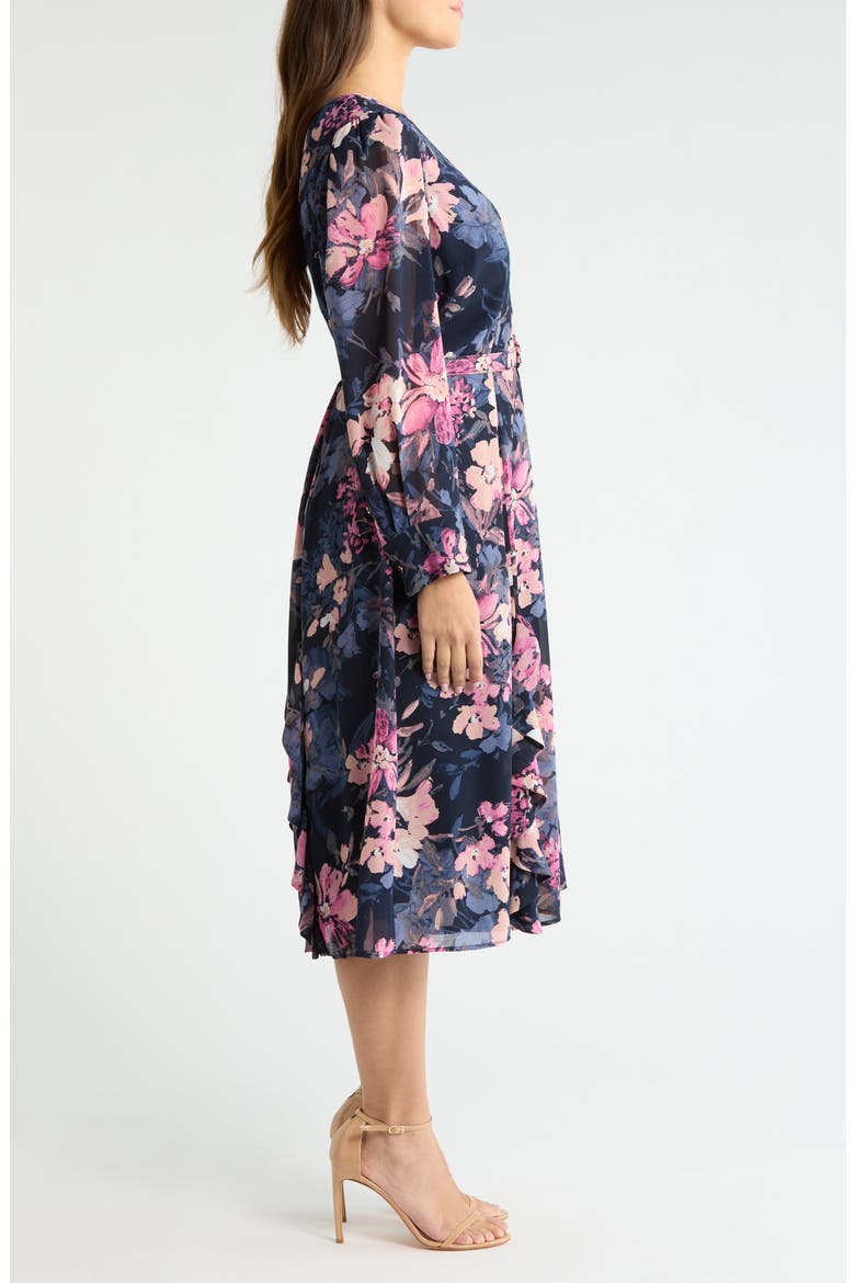 Floral Belted Long Sleeve Dress, Alternate, color, NAVY PERI ROSE