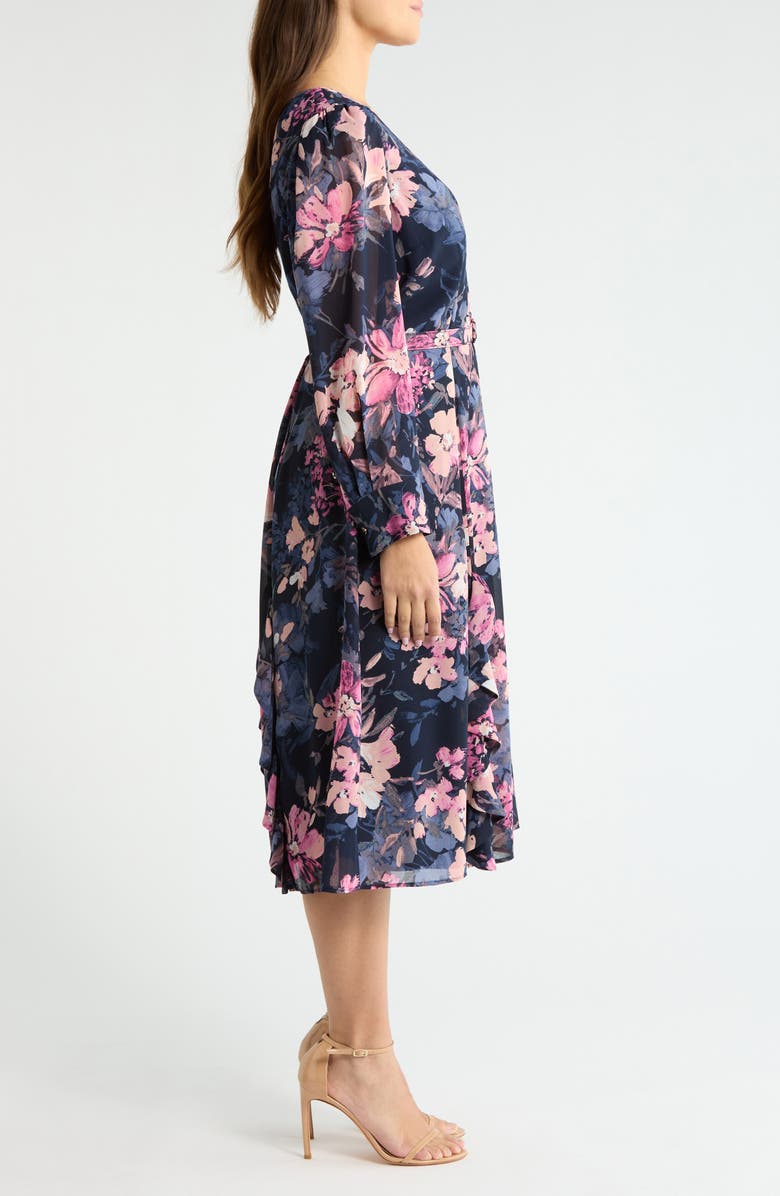 Tahari ASL Floral Belted Long Sleeve Dress, Alternate, color, Navy Peri Rose