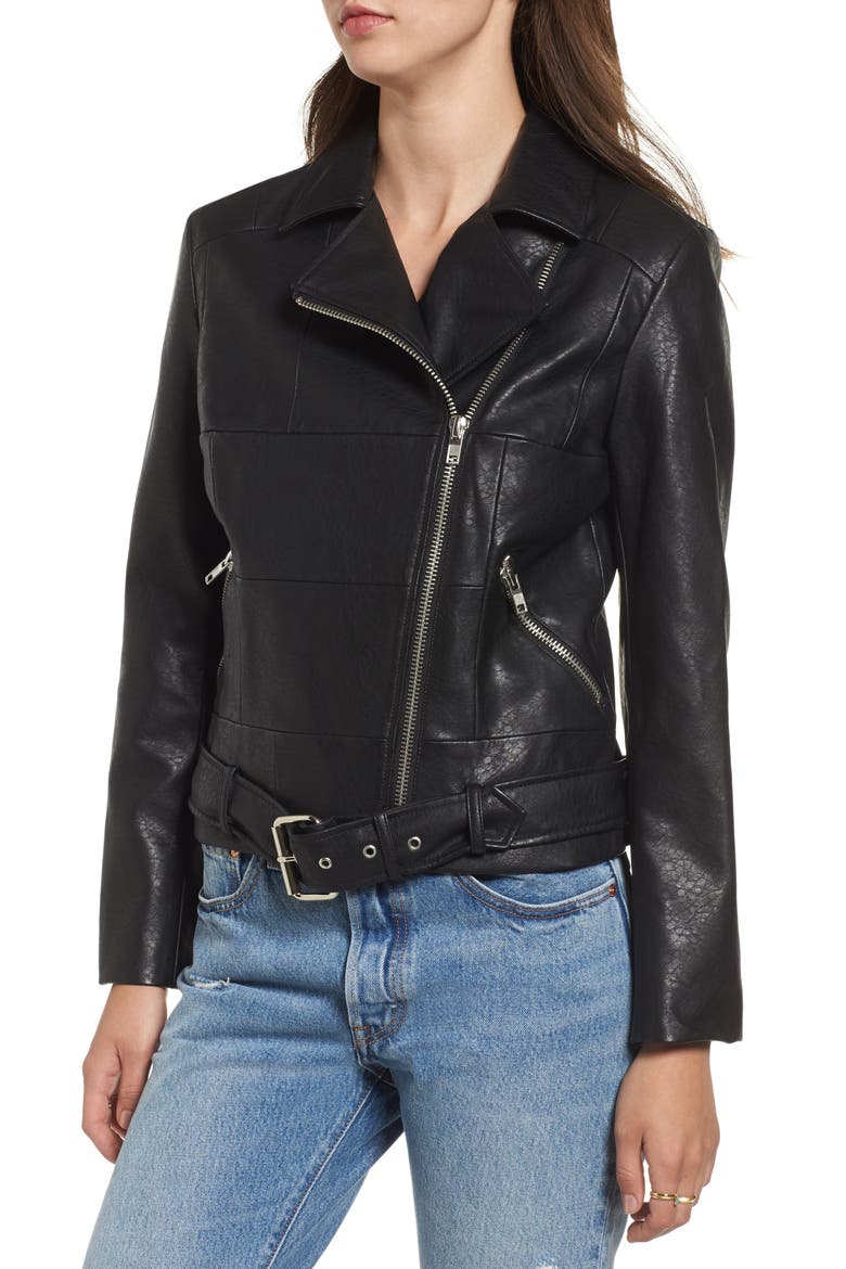 BB Dakota Maria Washed Faux Leather Patchwork Jacket, Alternate, color, BLACK