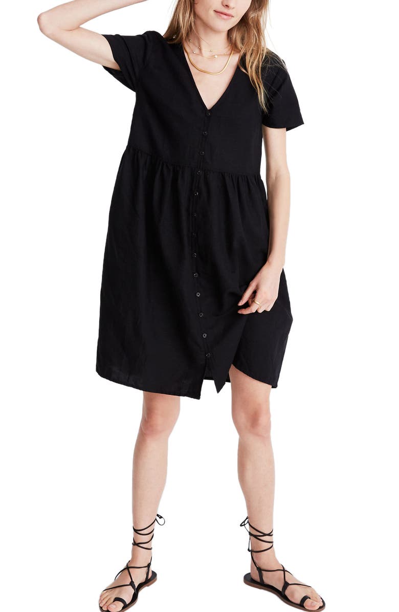 Madewell V-Neck Button Front Linen Blend Minidress, Main, color,
