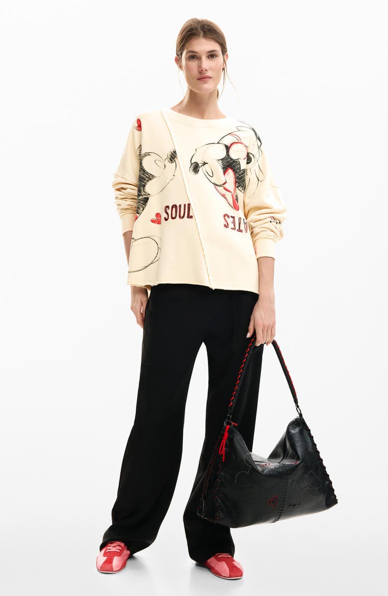 Desigual Mickey & Minnie Mouse Raw Seam Fleece Graphic Sweatshirt, Alternate, color, Off White