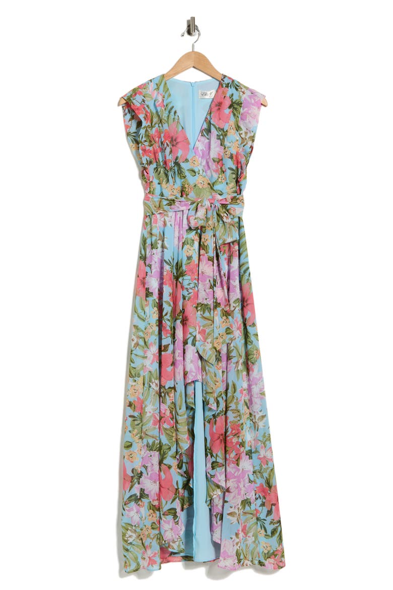 Obi Floral Cap Sleeve High-Low Maxi Dress, Alternate, color, LIGHT BLUE