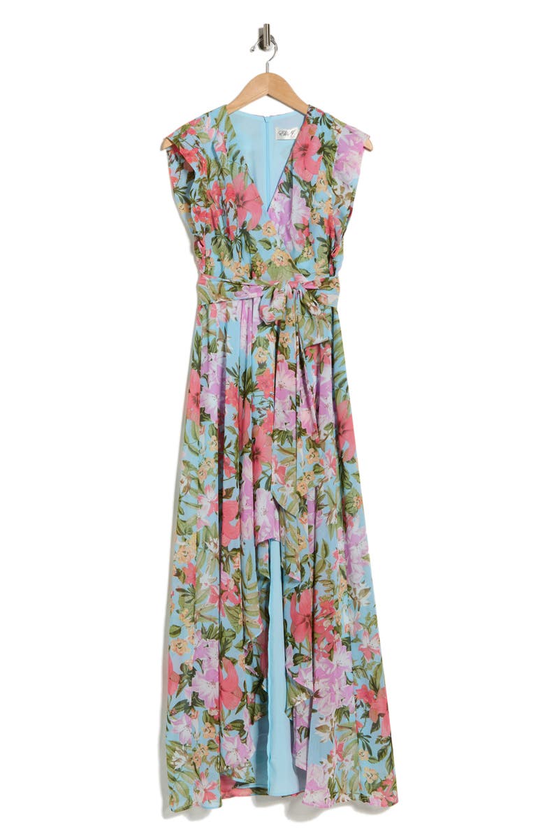 Eliza J Obi Floral Cap Sleeve High-Low Maxi Dress, Main, color, Light Blue