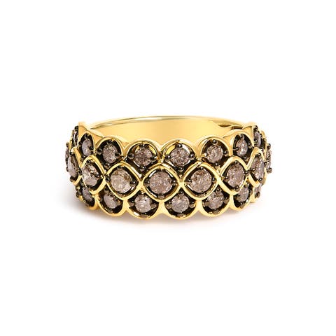 10K Yellow Gold Plated Sterling Silver 1.0 ctw Brown Diamond Scalloped Motif Band Ring