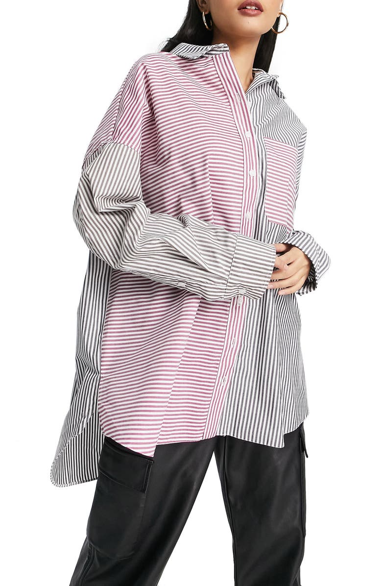 Topshop Patchwork Stripe Oversize Button-Up Shirt, Main, color,