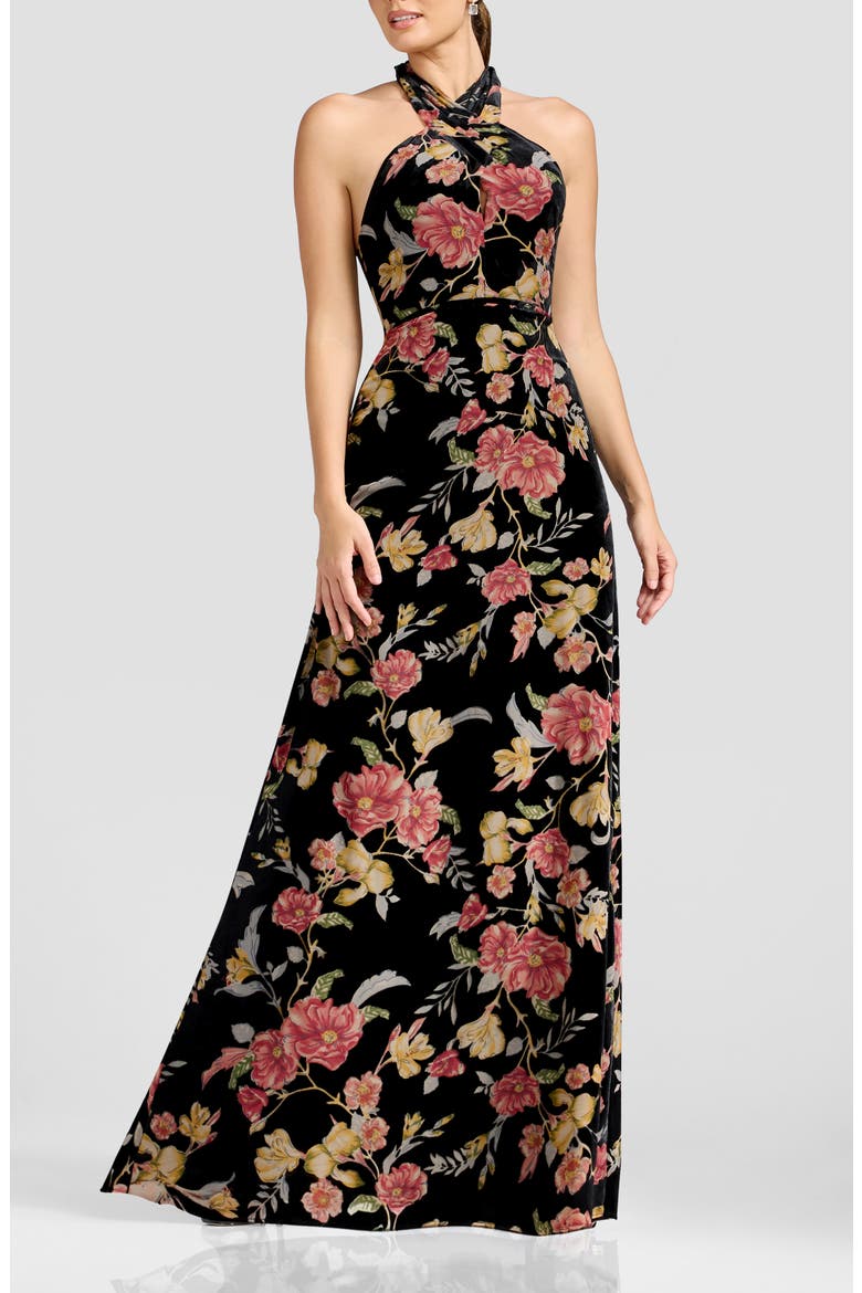 Brighton Floral Burnout Velvet Halter Gown, Main, color, BLACK MULTI