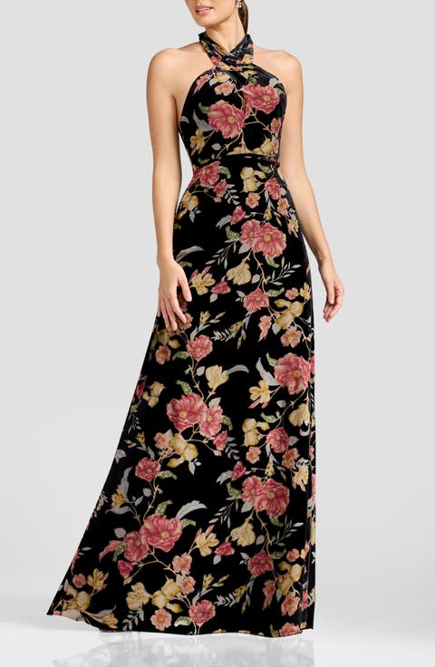 Brighton Floral Burnout Velvet Halter Gown