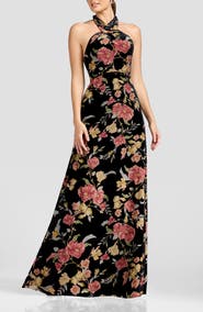 Dress the Population Brighton Floral Burnout Velvet Halter Gown