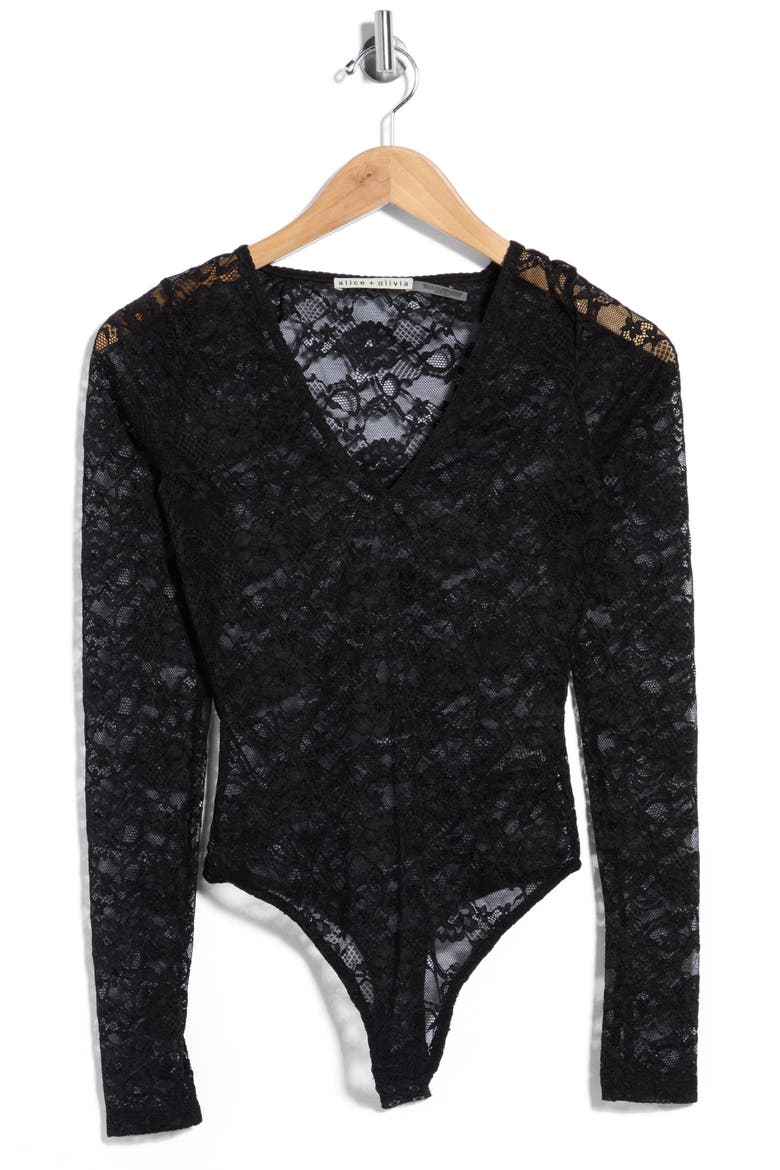 Teagan Lace V-Neck Long Sleeve Bodysuit, Main, color, BLACK