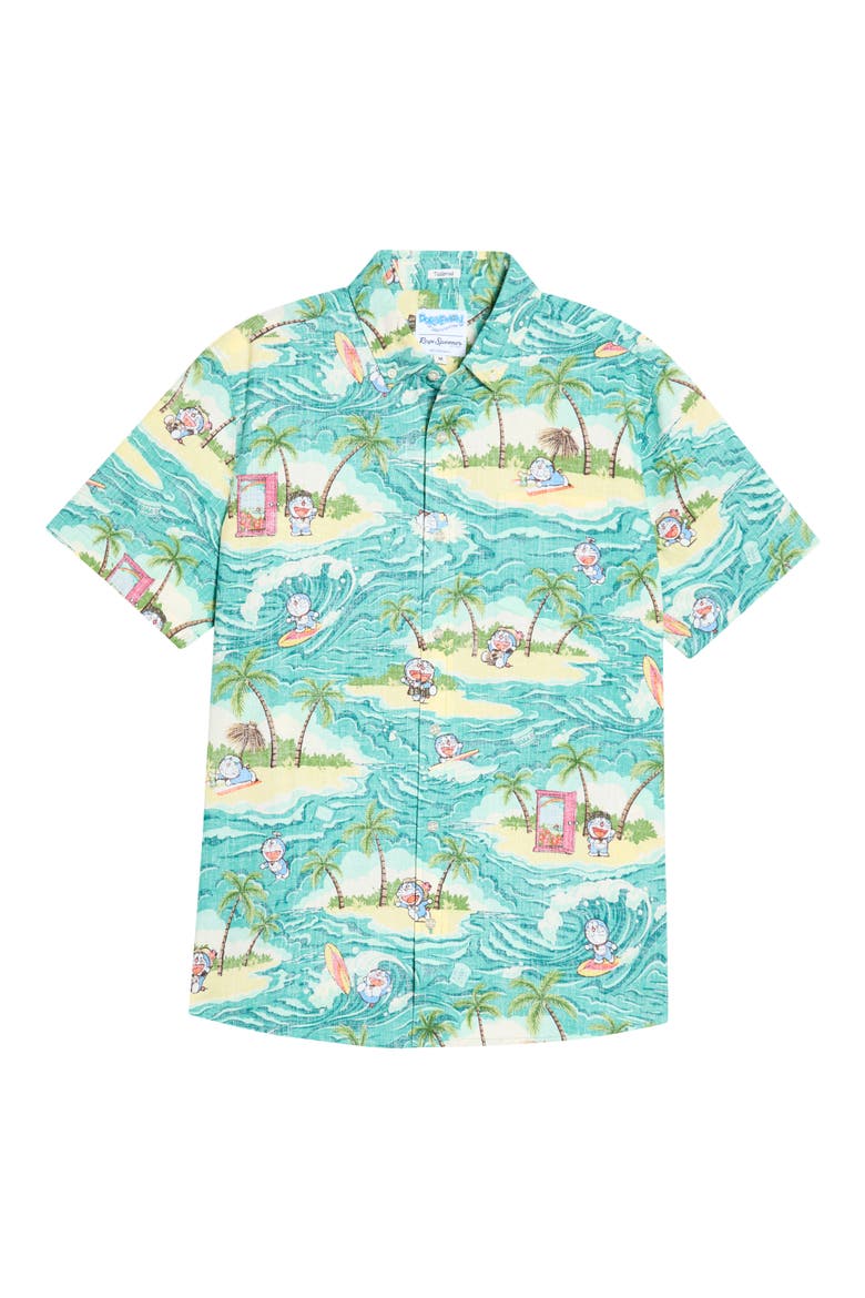 Aloha Doraemon Button-Down Shirt, Main, color, TEAL