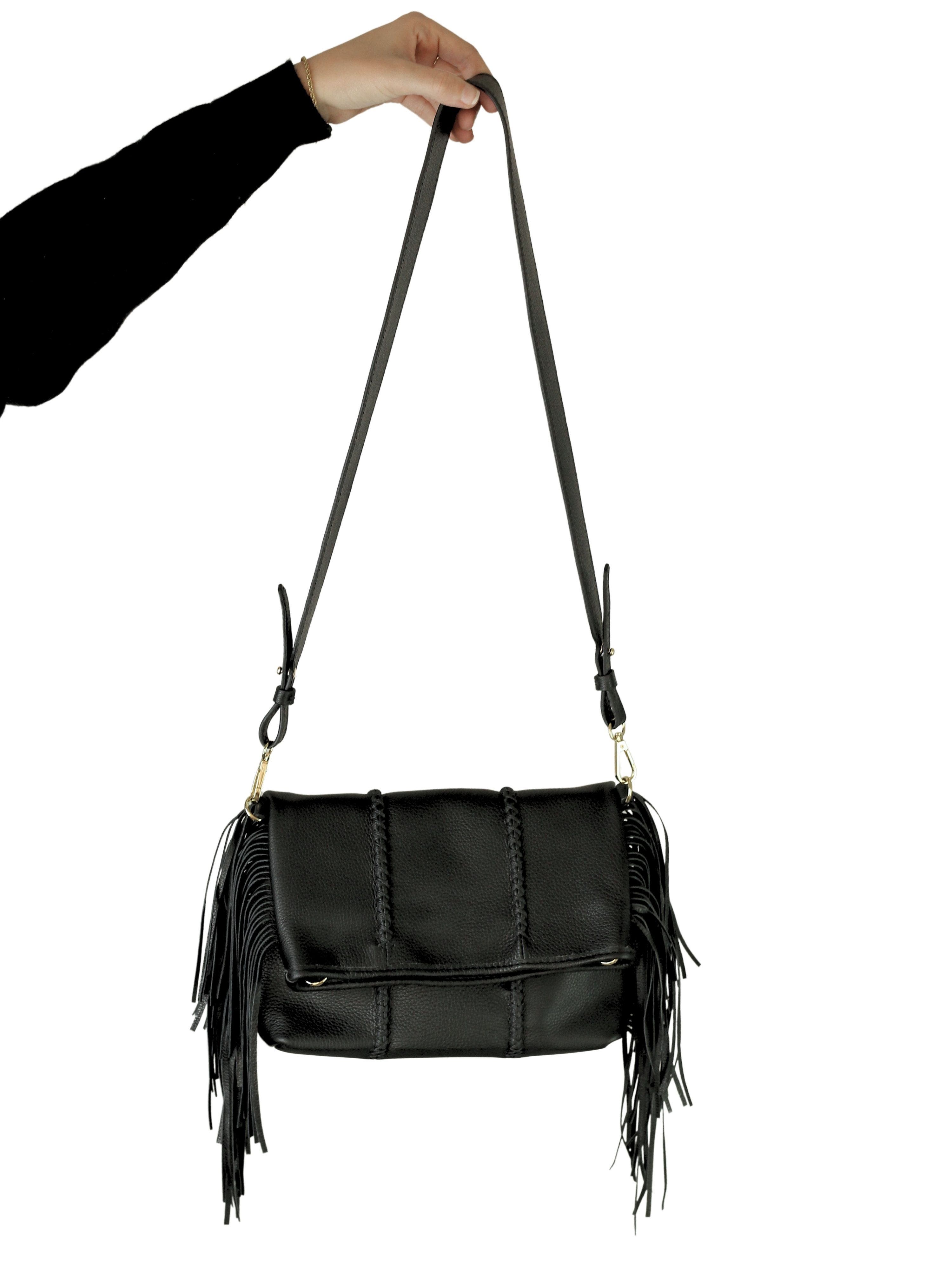 Carlos Falchi Large Fringe Leather Crossbody Messenger, Alternate, color, Black Obsidian