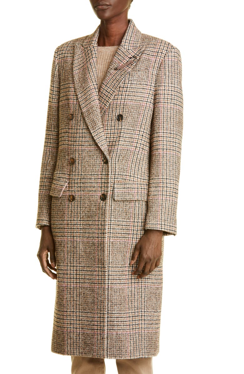 Brunello Cucinelli Glen Plaid Double Breasted Wool Blend Coat, Alternate, color, 
