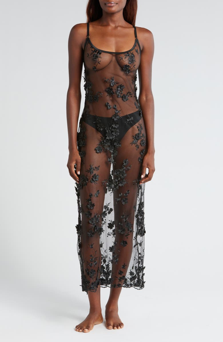 KILO BRAVA Embroidered Sheer Chemise, Main, color, Black