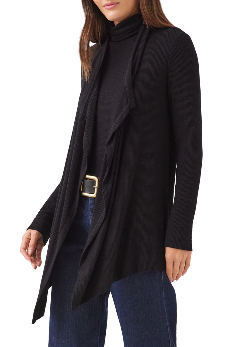 Ribbed Drape Front Cardigan, Alternate, color, BLACK