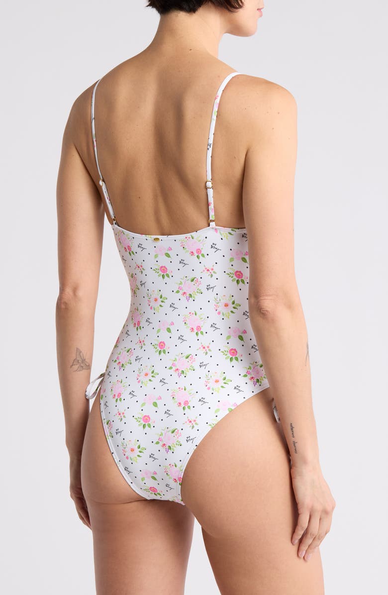 Betsey Johnson Side Tie V-Neck One-Piece Swimsuit, Alternate, color, White