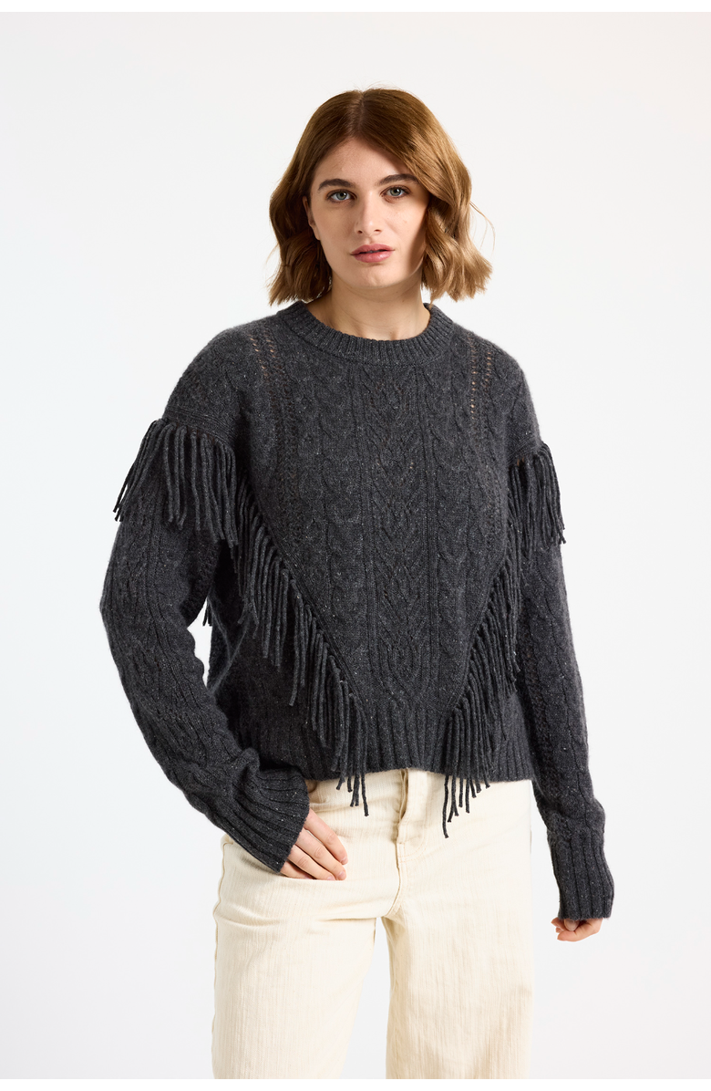 Brodie Pure Cashmere Cable Fringed 100% Cashmere Sweater, Main, color, Shale