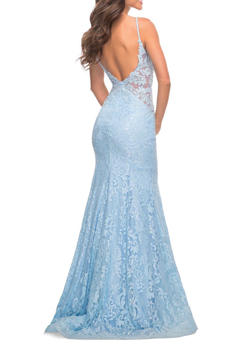 Long Mermaid Lace Dress with Back Rhinestone Detail, Alternate, color, Cloud Blue