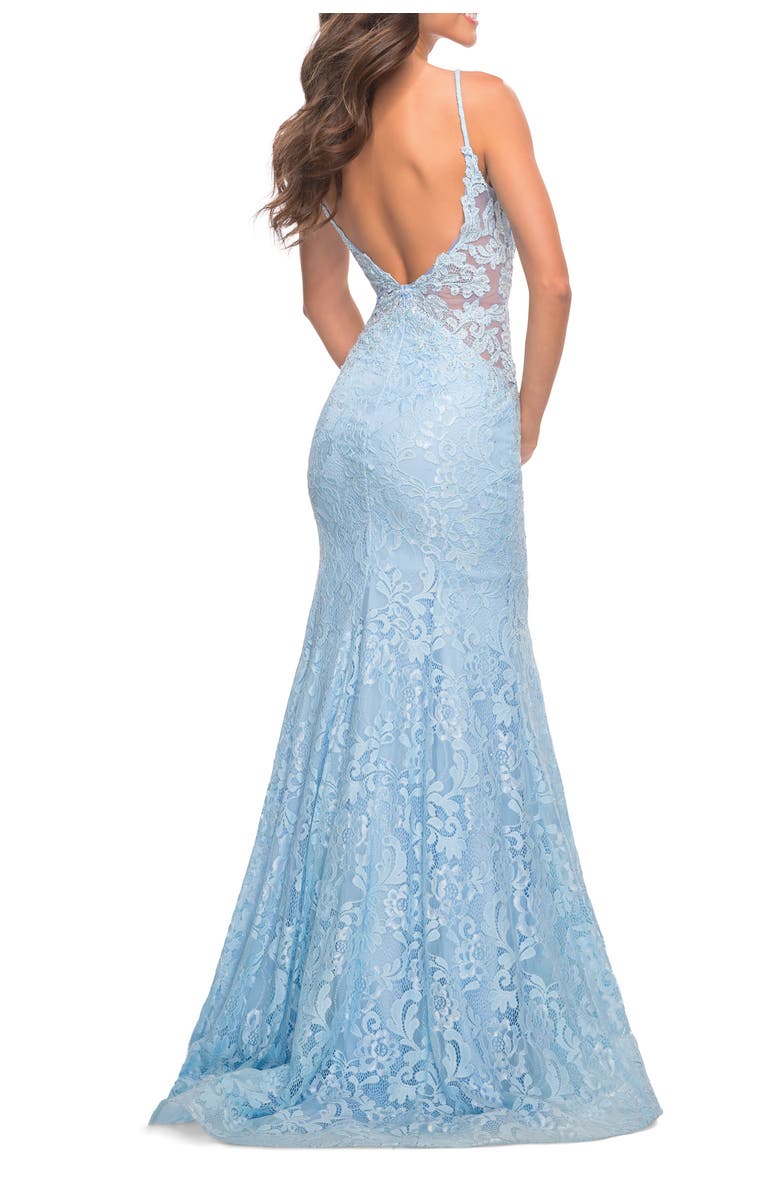 La Femme Long Mermaid Lace Dress with Back Rhinestone Detail, Alternate, color, Cloud Blue