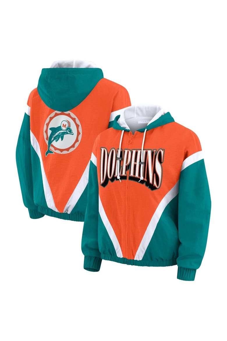 Women's WEAR by Erin Andrews Orange/Aqua Miami Dolphins Retro Crinkle Full-Zip Hoodie Windbreaker, Main, color, Orange