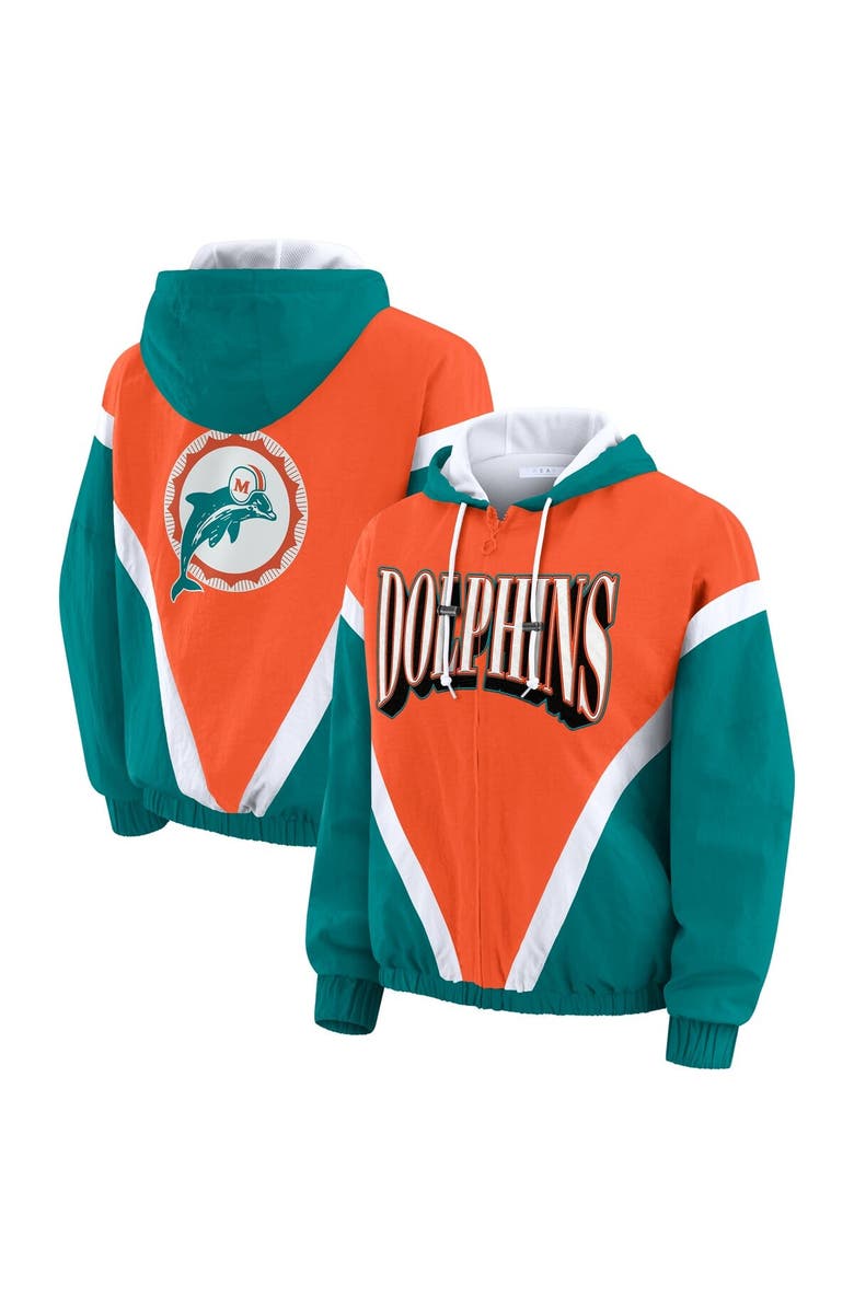 WEAR by Erin Andrews Women's WEAR by Erin Andrews Orange/Aqua Miami Dolphins Retro Crinkle Full-Zip Hoodie Windbreaker, Main, color, Orange